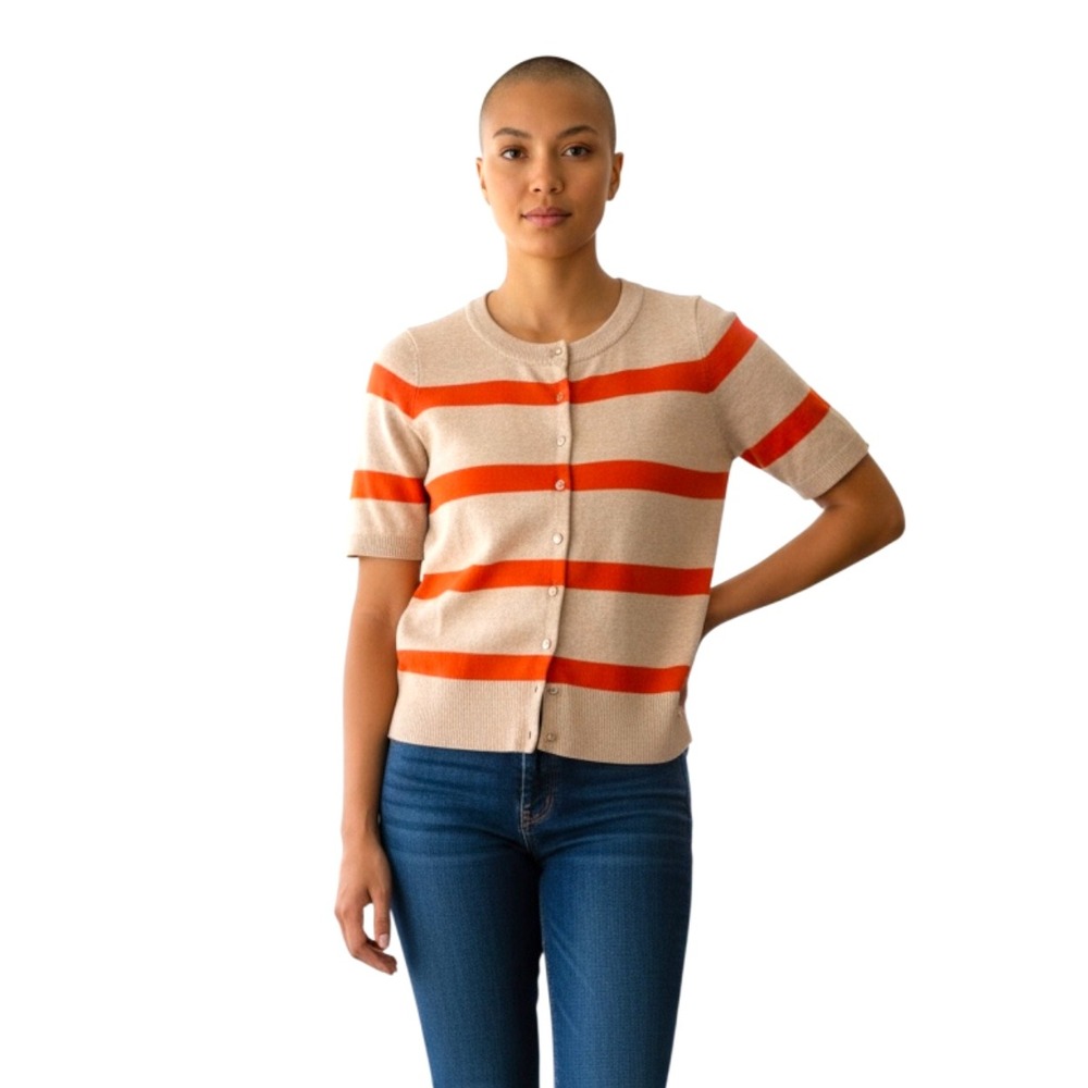 RED Striped Short Sleeve Cardigan Sweater Beige Orange Crew Neck Small RIII206